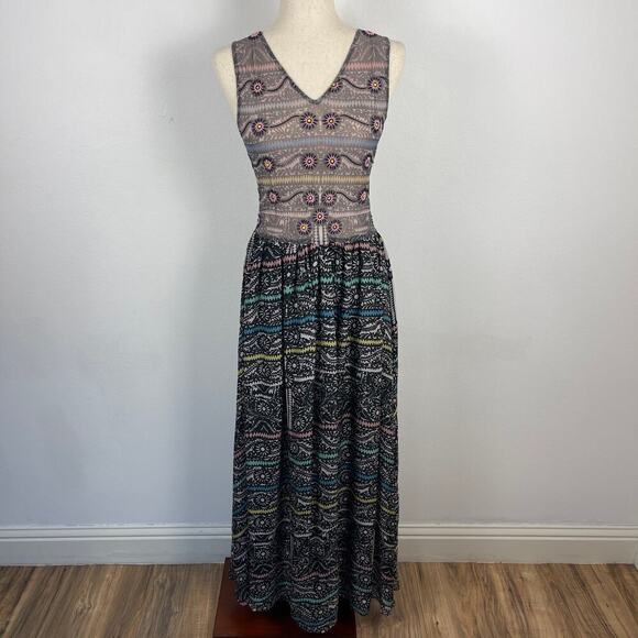 Carolina K Black Printed Sheer Bodice Beaded Silk Aztec Floral Maxi Dress Small - Picture 1 of 16